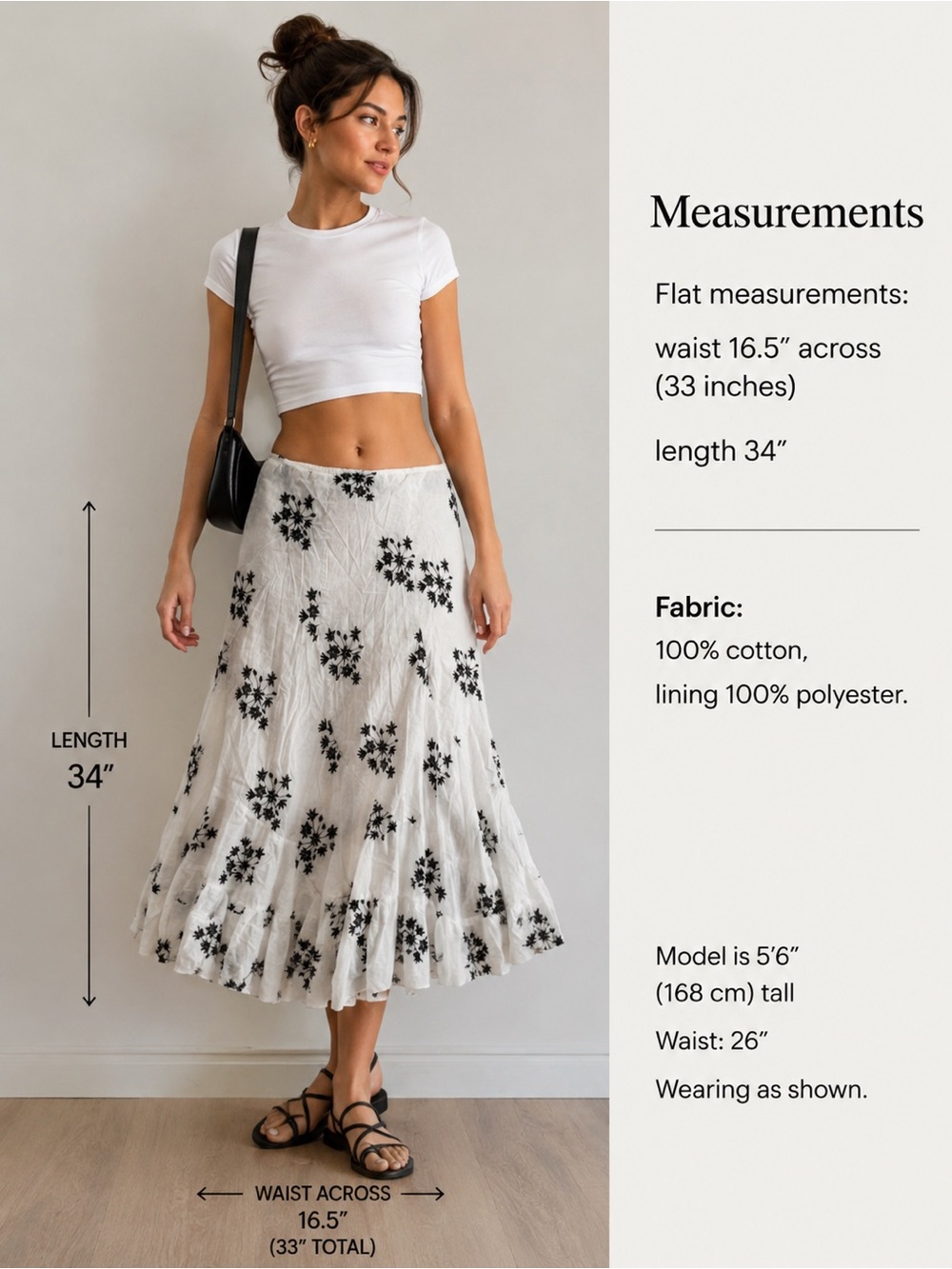 Fantazia Black White Embroidered Cotton Boho Midi Skirt